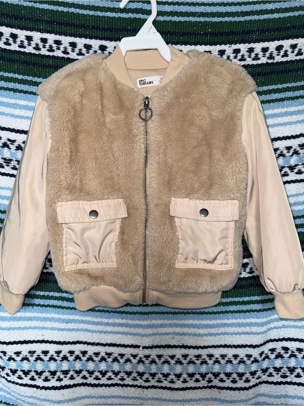 Epic Threads Tan Faux-Fur Bomber Jacket with Cream Sleeves